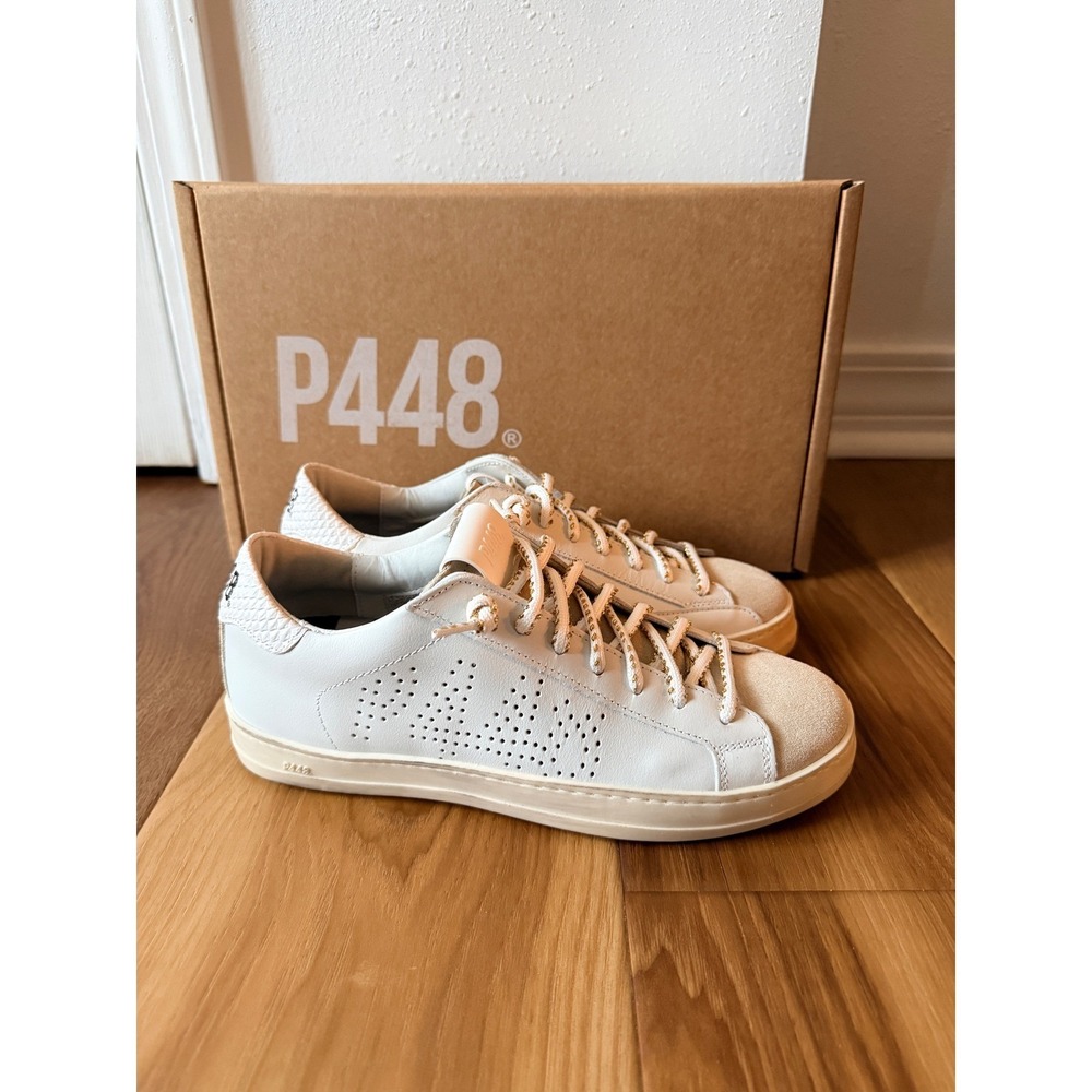 P448 John Low Top Sneakers Womens 10 US 40 EU White Beige Leather Made in Italy - Picture 7 of 11